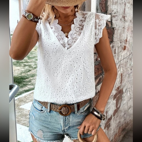 White eyelet Floral Sheer Lace Back Tie Top Blouse Shirt Boho - Picture 3 of 7